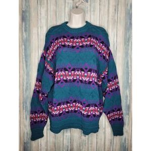 Vintage Shenandoah Womens Large Sweater Teal Green Pink Purple Knit Made In USA
